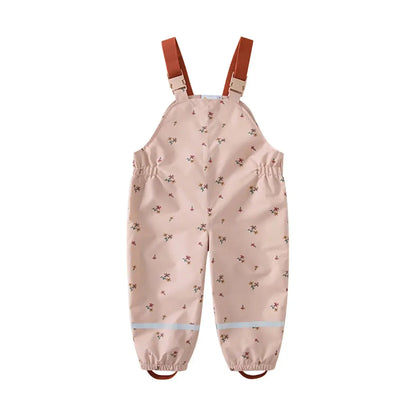 HONEYKING kids waterproof bib rain pants in pink floral print
