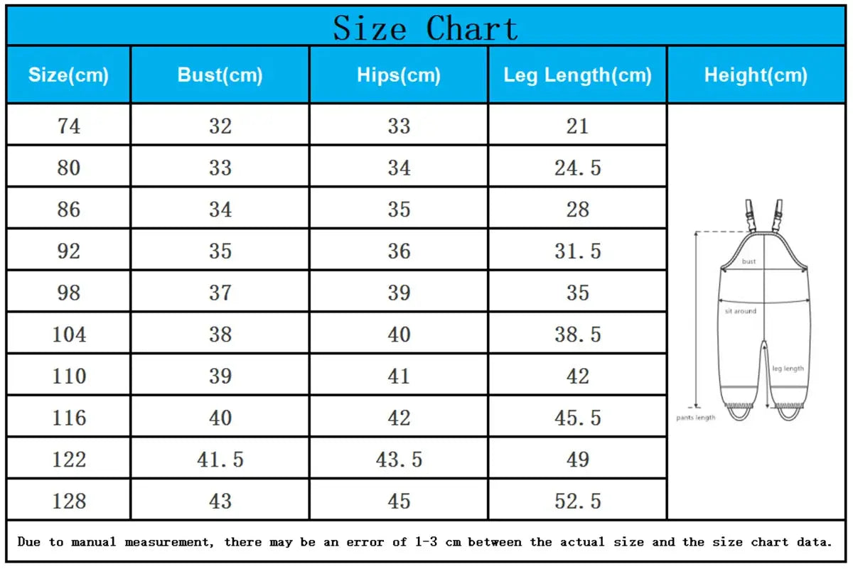 HONEYKING kids bib rain pants size chart, sizes 80 to 128