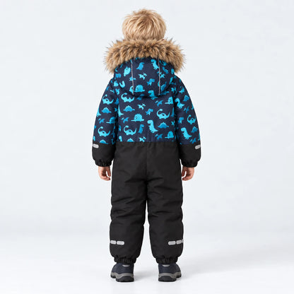 Back view of HONEYKING kids’ dinosaur print snowsuit