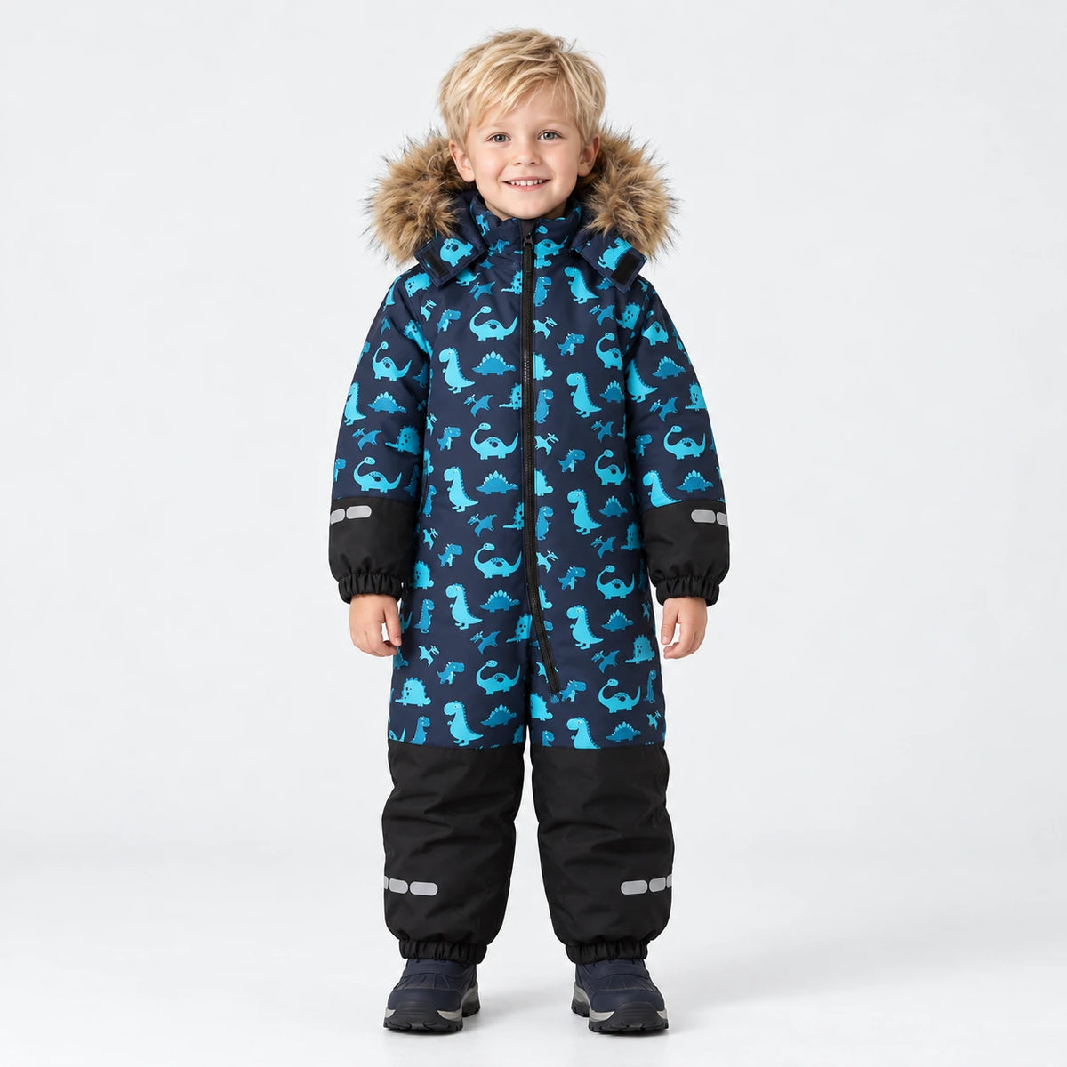 Front view of HONEYKING kids’ one-piece snowsuit in dinosaur print with faux-fur hood