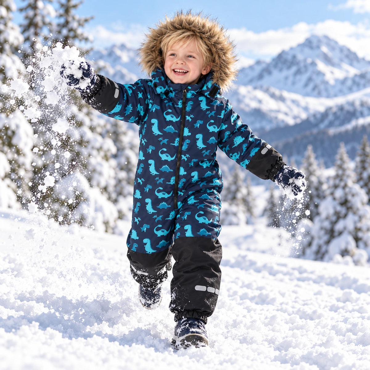 Boy playing in the snow wearing HONEYKING one-piece snowsuit with blue dinosaur print