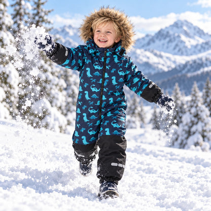 Boy playing in the snow wearing HONEYKING one-piece snowsuit with blue dinosaur print