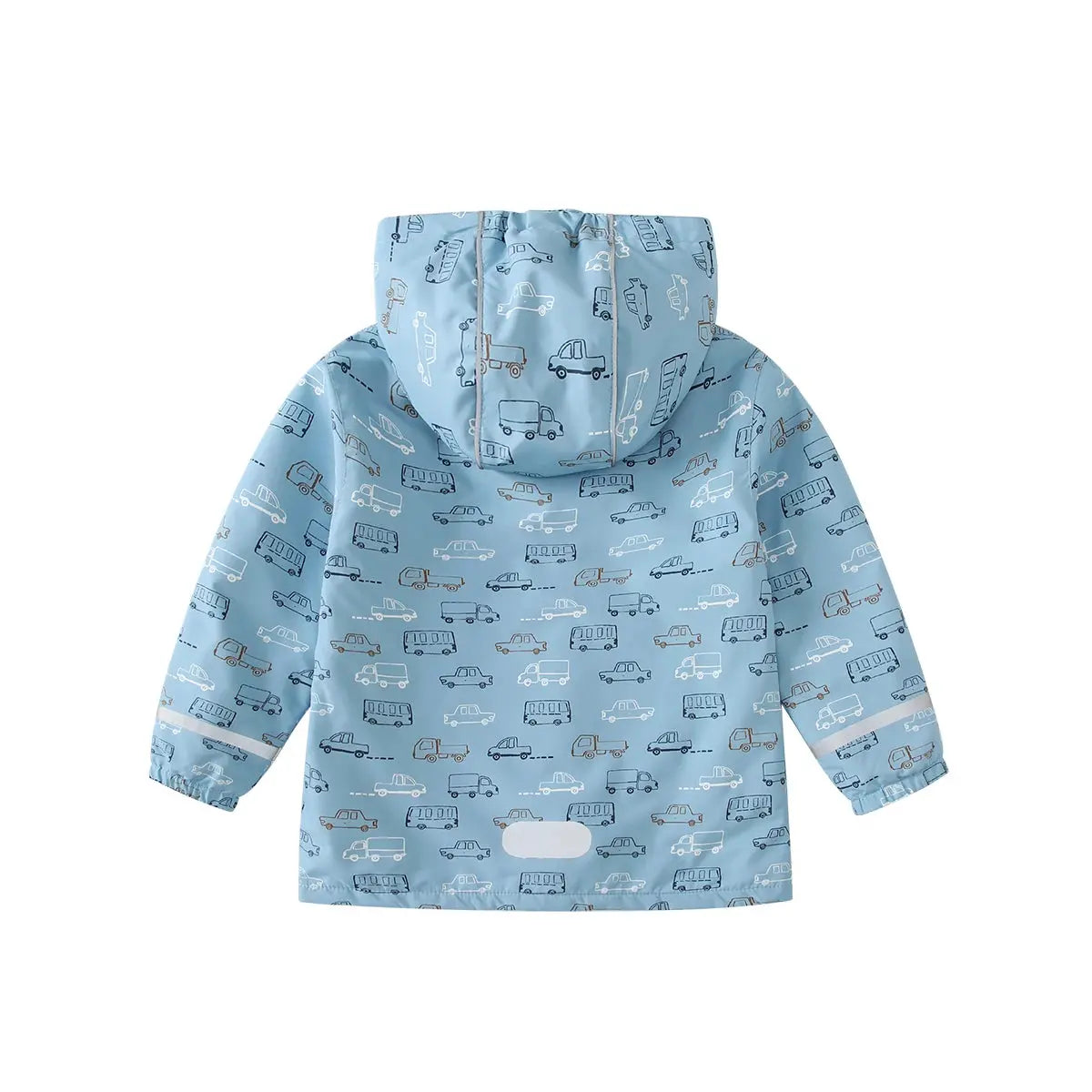 Back view of HONEYKING kids rain jacket with hood, light blue car print