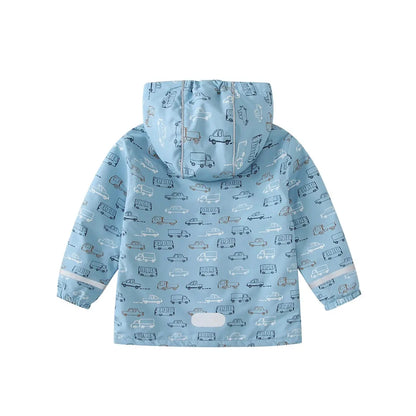 Back view of HONEYKING kids rain jacket with hood, light blue car print