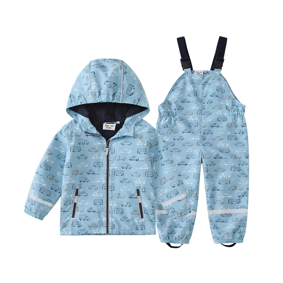 HONEYKING kids rain jacket and bib rain pants in light blue car print