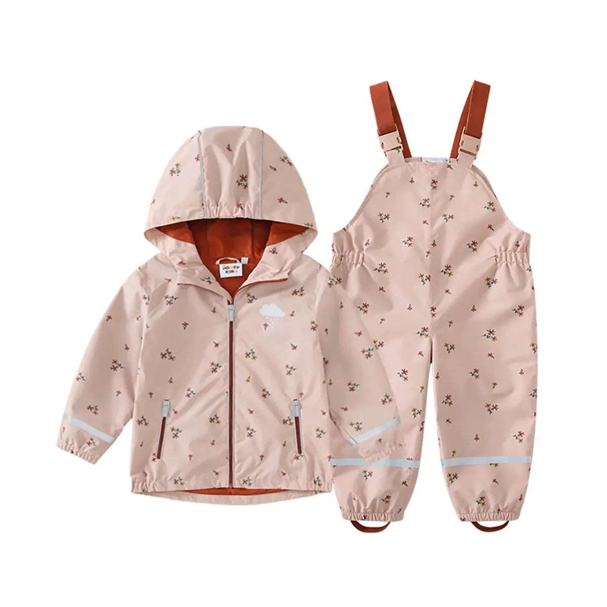 HONEYKING kids rain jacket and bib rain pants in pink floral print with terracotta straps