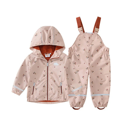 HONEYKING kids rain jacket and bib rain pants in pink floral print with terracotta straps