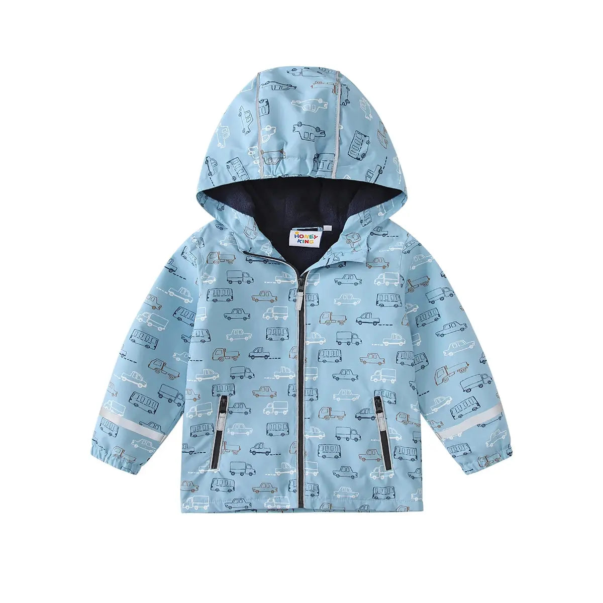 HONEYKING kids fleece-lined rain jacket, front view, light blue car print