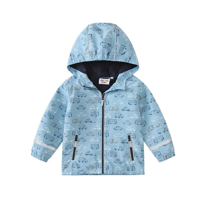 HONEYKING kids fleece-lined rain jacket, front view, light blue car print