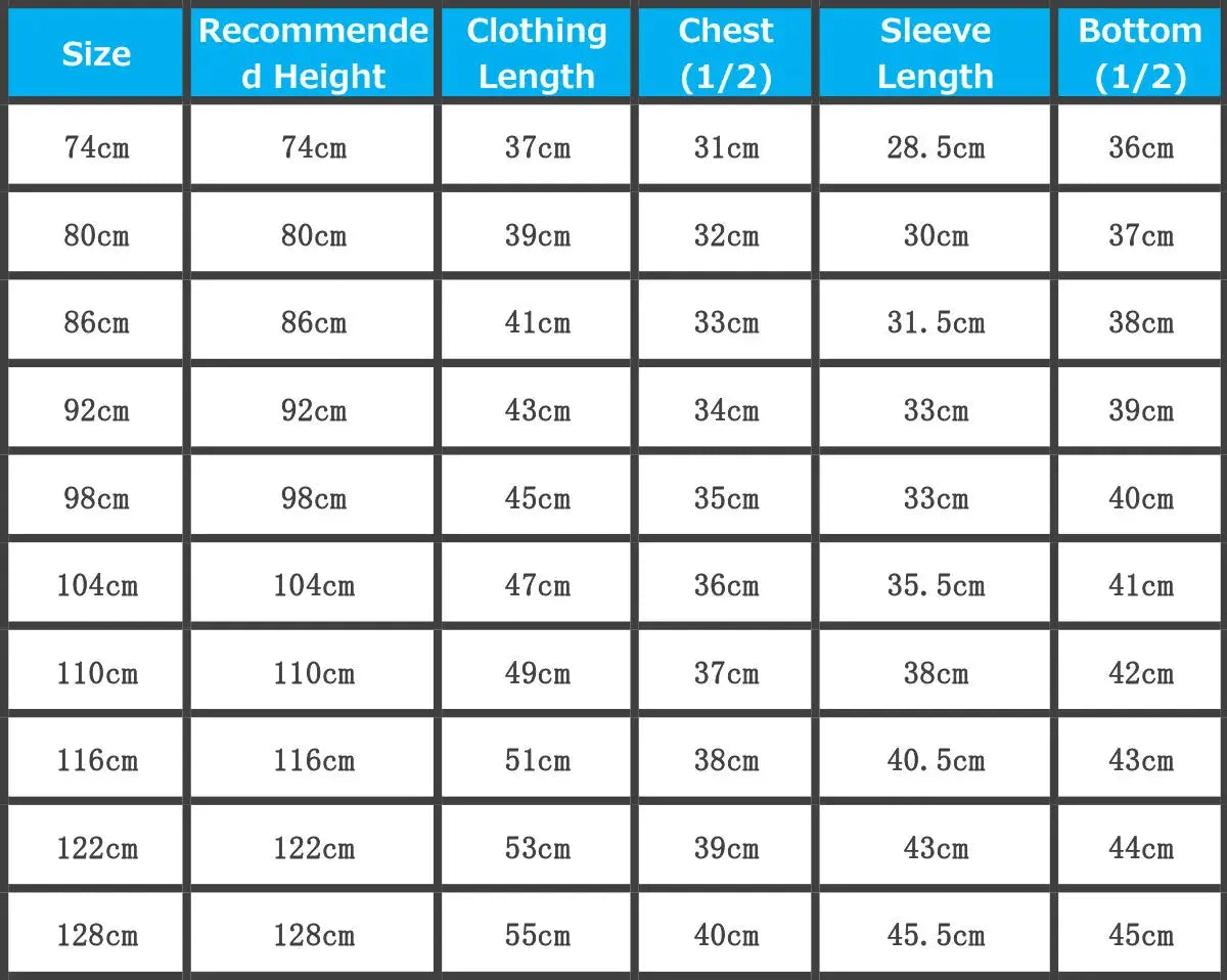 HONEYKING kids rain jacket size chart, sizes 80 to 128