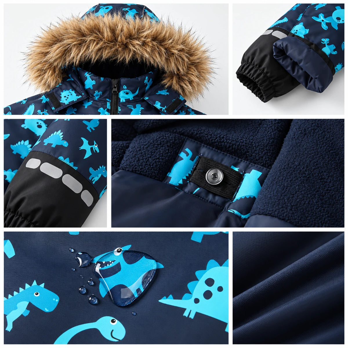 Details of HONEYKING kids’ snowsuit: faux-fur hood, cuffs, reflective strips and lining