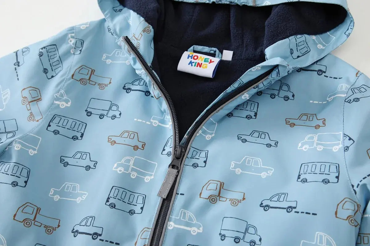 Fleece-lined hood and full-length zip on HONEYKING kids rain jacket
