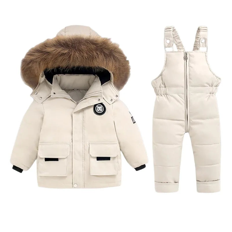 Kids’ 2 piece snowsuit in beige: faux fur hood jacket and snow bib overalls