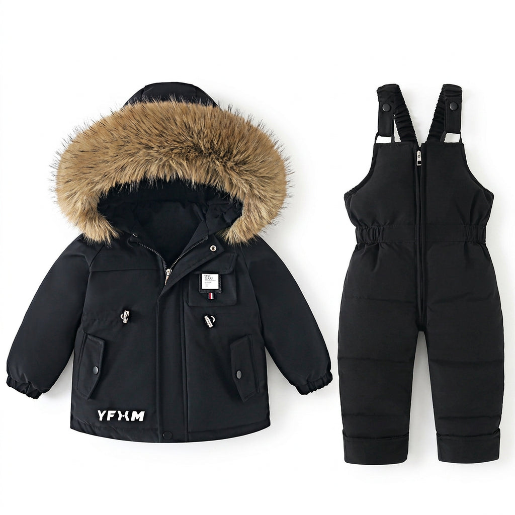 Kids’ 2 piece snowsuit in black: faux fur hood jacket and snow bib overalls