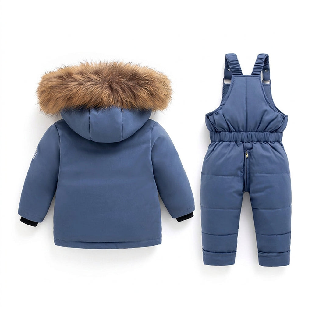Back view of blue kids’ snowsuit jacket and snow bib overalls