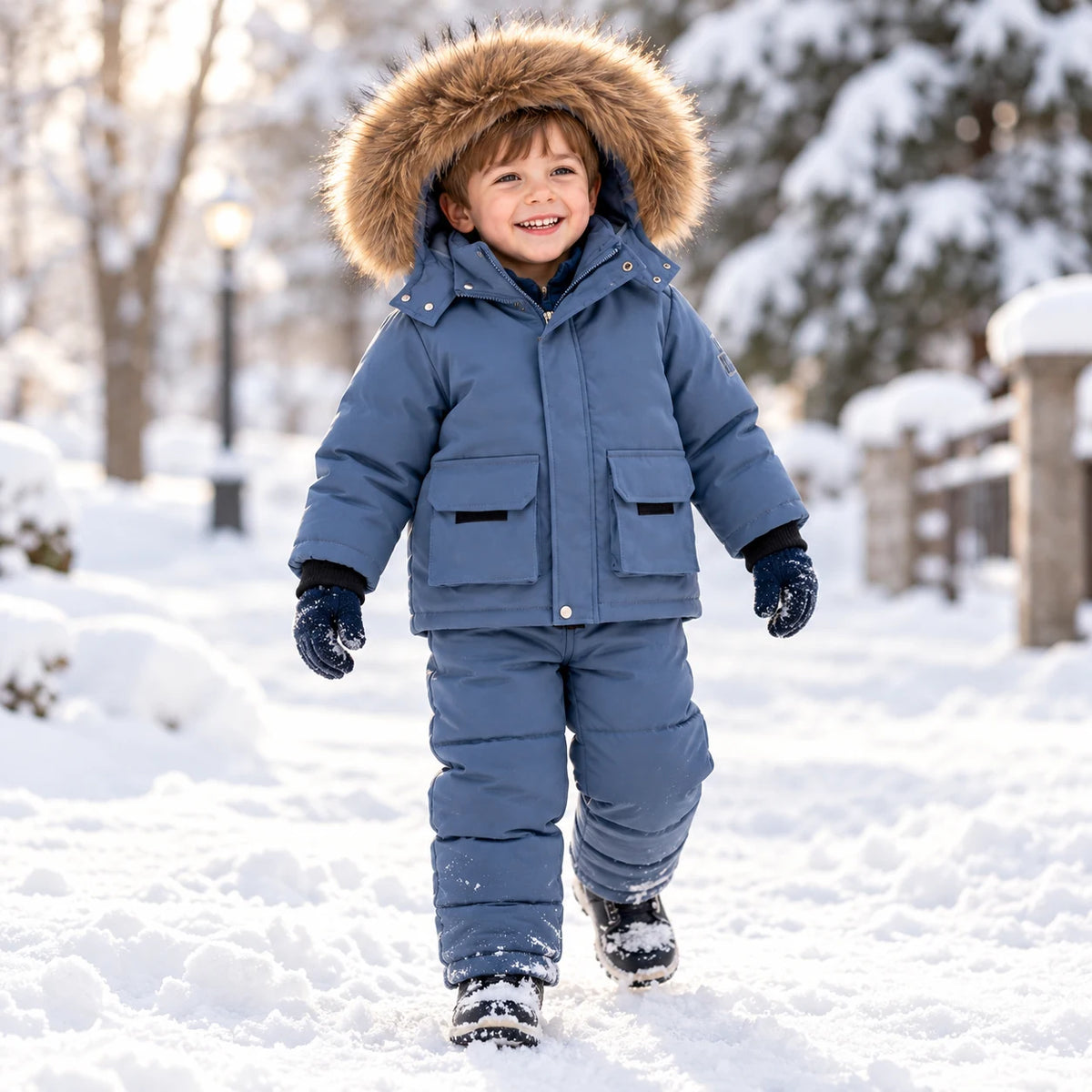 Boy wearing blue 2 piece snowsuit with faux fur hood jacket and snow bib overalls