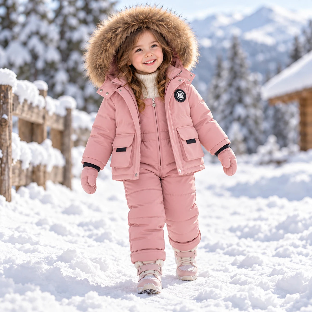 Girl walking in the snow wearing pink 2 piece snowsuit with faux fur hood