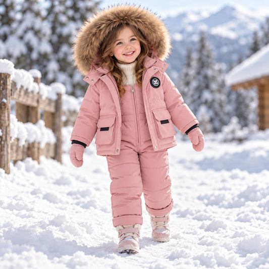 Girl walking in the snow wearing pink 2 piece snowsuit with faux fur hood