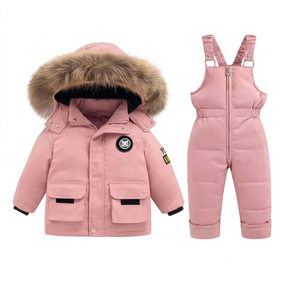 Kids’ 2 piece snowsuit in pink: faux fur hood jacket and snow bib overalls