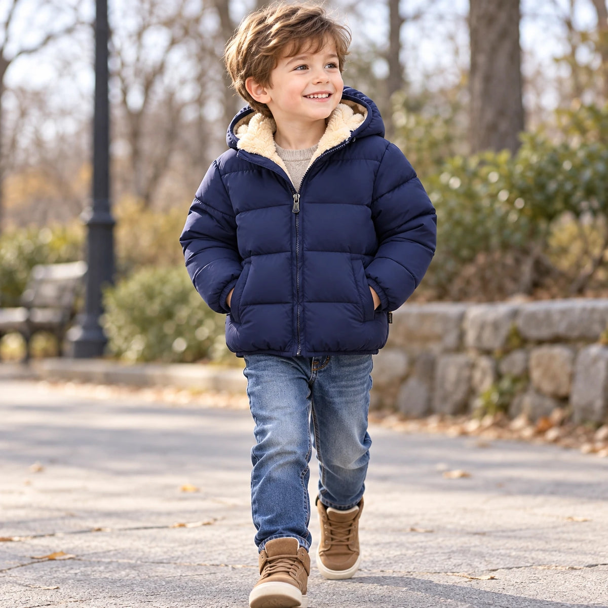Boy wearing navy fleece-lined hooded puffer jacket in the park