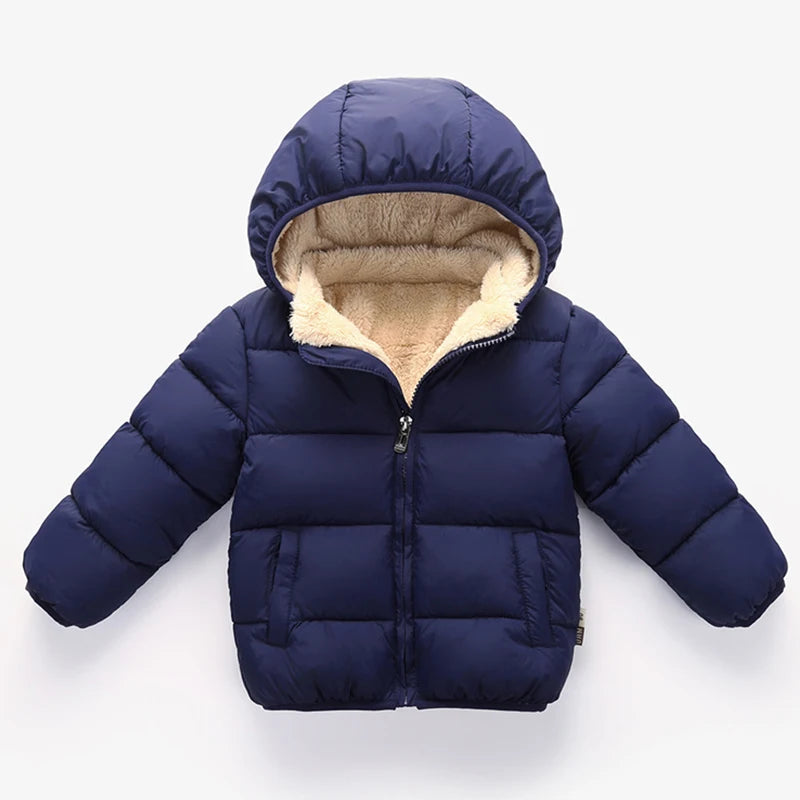 Kids’ hooded puffer jacket in Navy with fleece-lined hood