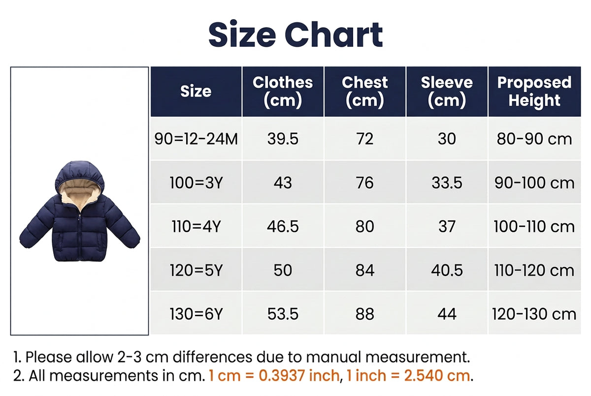 Kids’ fleece-lined puffer jacket size chart in cm, sizes 12–24M to 6Y
