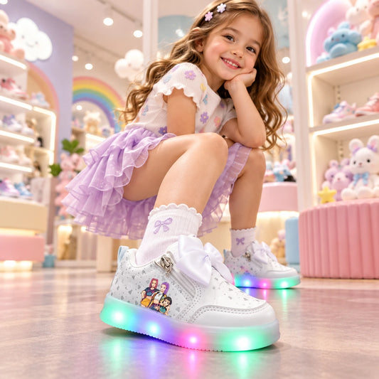 Girl wearing white KPop Demon Hunters light-up shoes with glowing LED soles