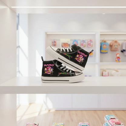 Kids KPop Demon Hunters high-top canvas sneakers in black with Huntrix print