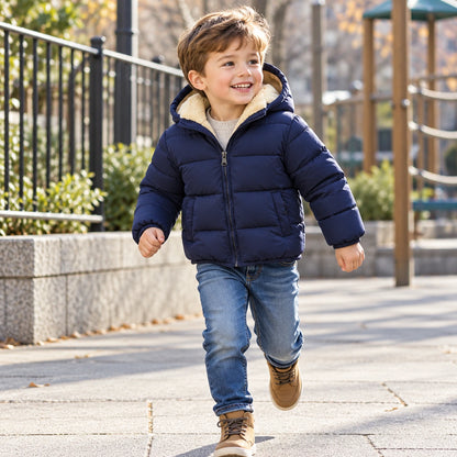 Child running outdoors in navy kids’ hooded puffer jacket