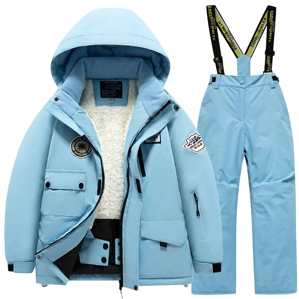 Kids’ waterproof ski suit in blue: fleece-lined ski jacket and snow pants with suspenders