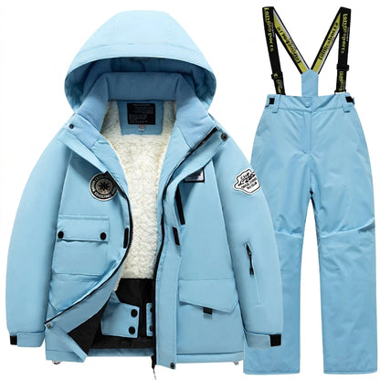Kids’ waterproof ski suit in blue: fleece-lined ski jacket and snow pants with suspenders