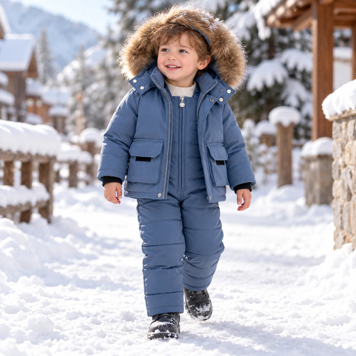 Toddler walking in blue padded snowsuit with faux fur hood