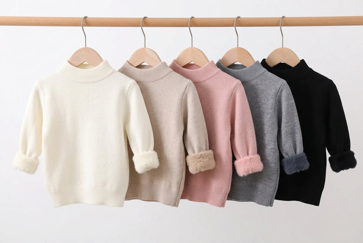 Five kids' turtleneck sweaters with faux fur cuffs in white, beige, pink, grey and black