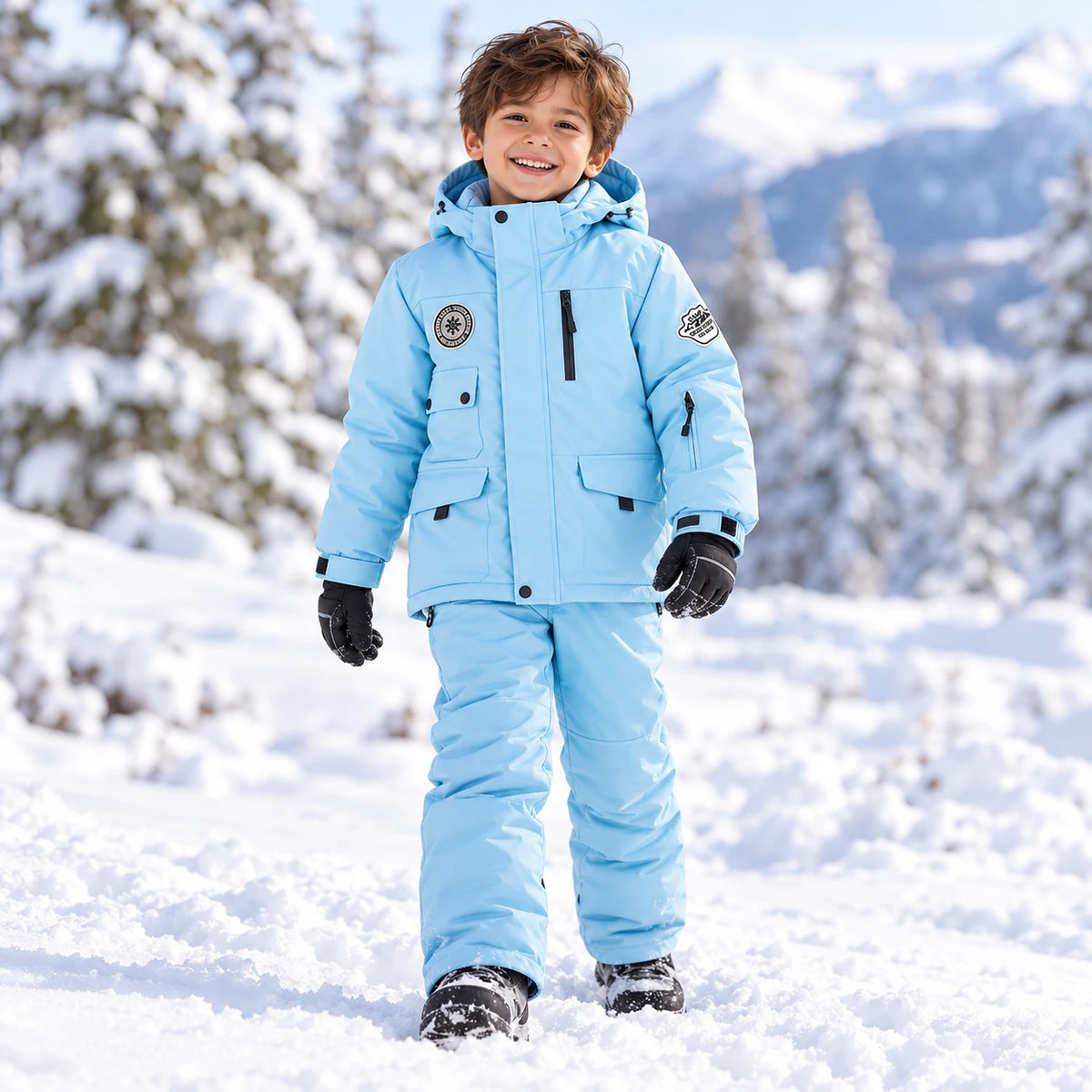 Boy wearing blue waterproof ski jacket and snow pants