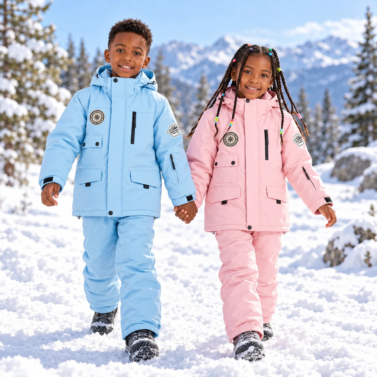 Boy and girl in blue and pink kids’ waterproof ski suits walking in the snow