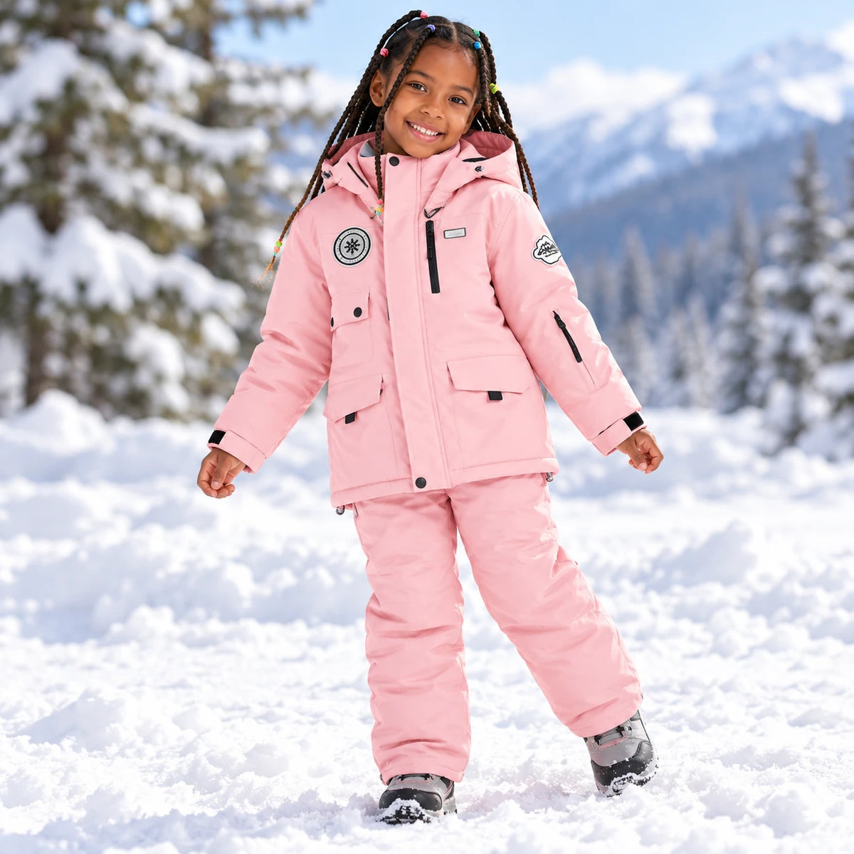 Girl wearing pink waterproof ski jacket and snow pants