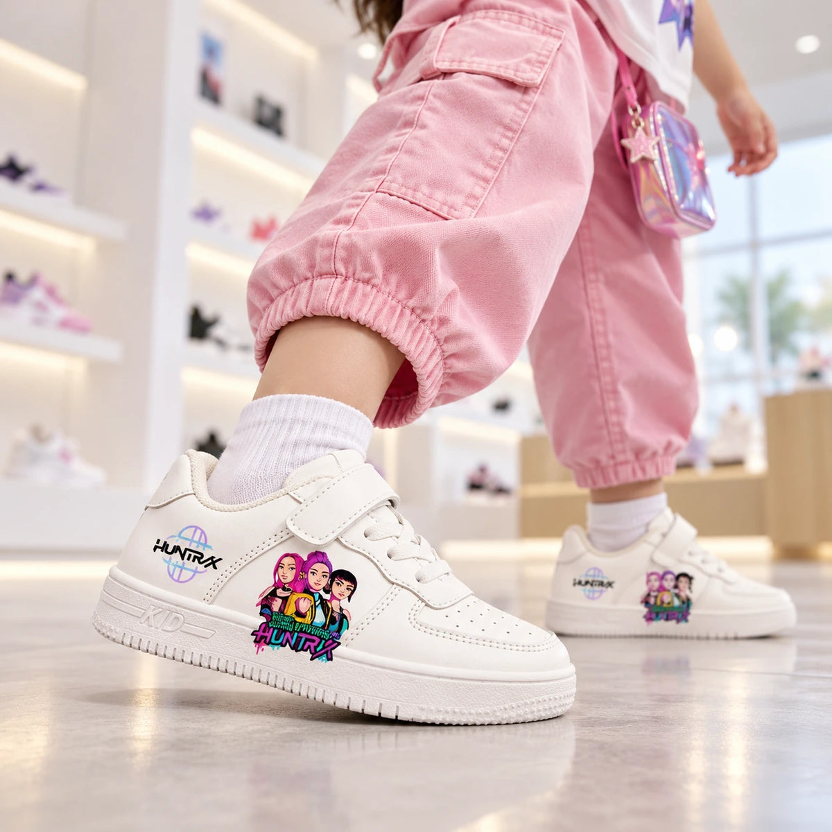 Girl walking in white KPop Demon Hunters casual sneakers