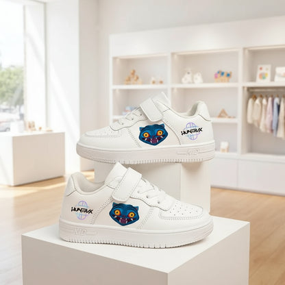 White KPop Demon Hunters kids shoes with blue character design