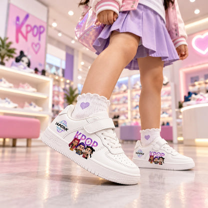 Girl wearing white KPop Demon Hunters kids shoes with hook-and-loop strap