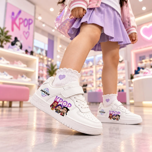Girl wearing white KPop Demon Hunters kids shoes with hook-and-loop strap