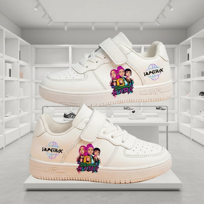 Pair of white KPop Demon Hunters kids shoes with Huntrix character print
