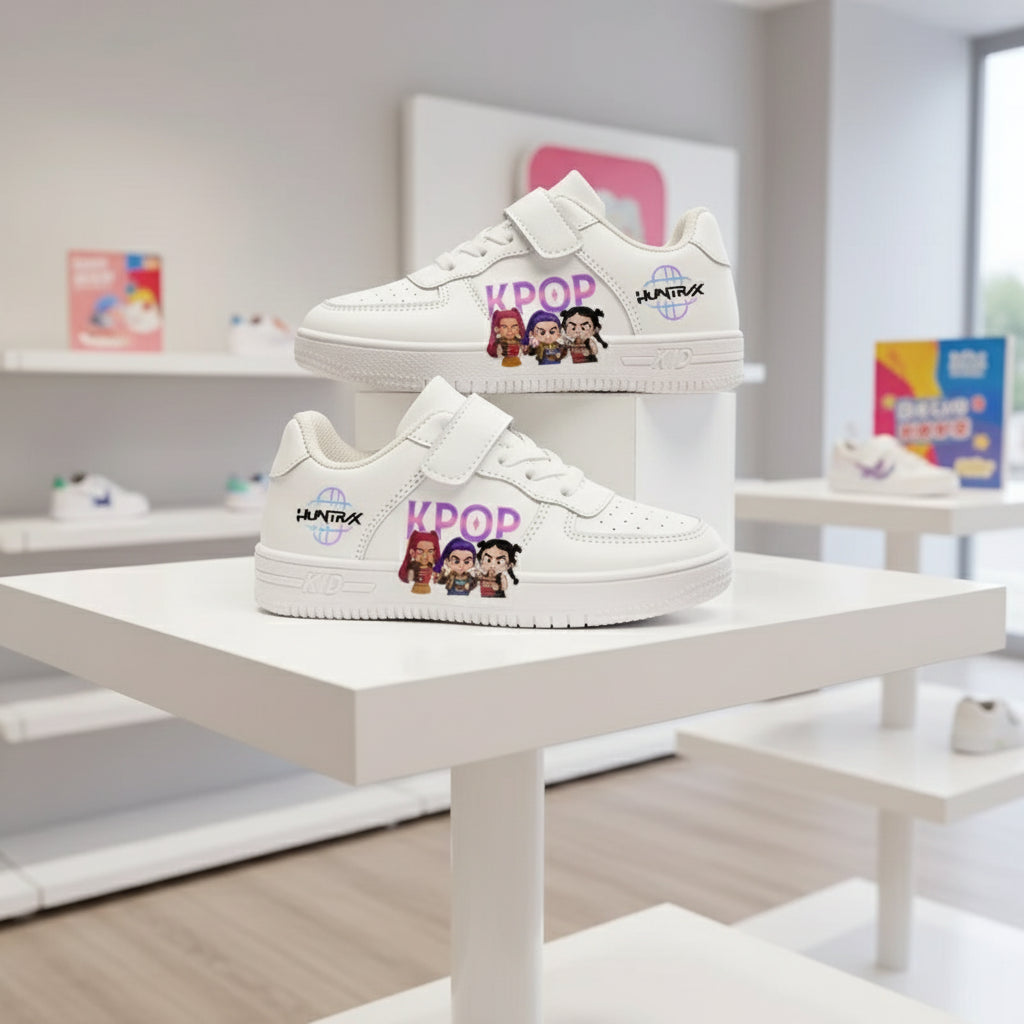 White low-top KPop Demon Hunters kids sneakers on display