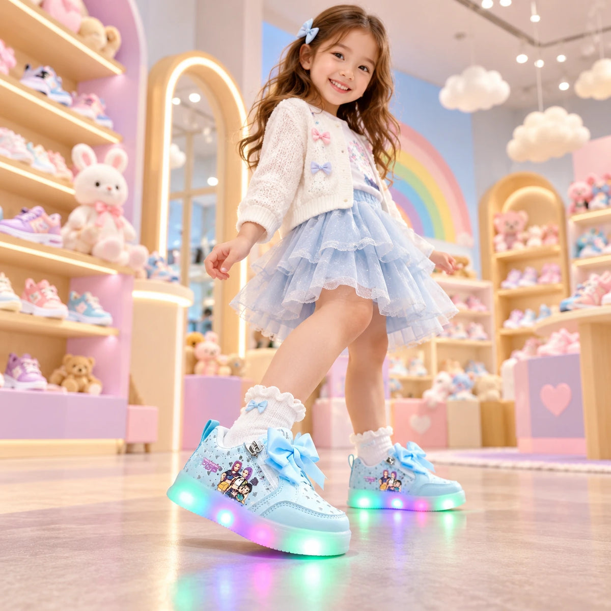 Girl dancing in KPop Demon Hunters LED sneakers that light up with every step