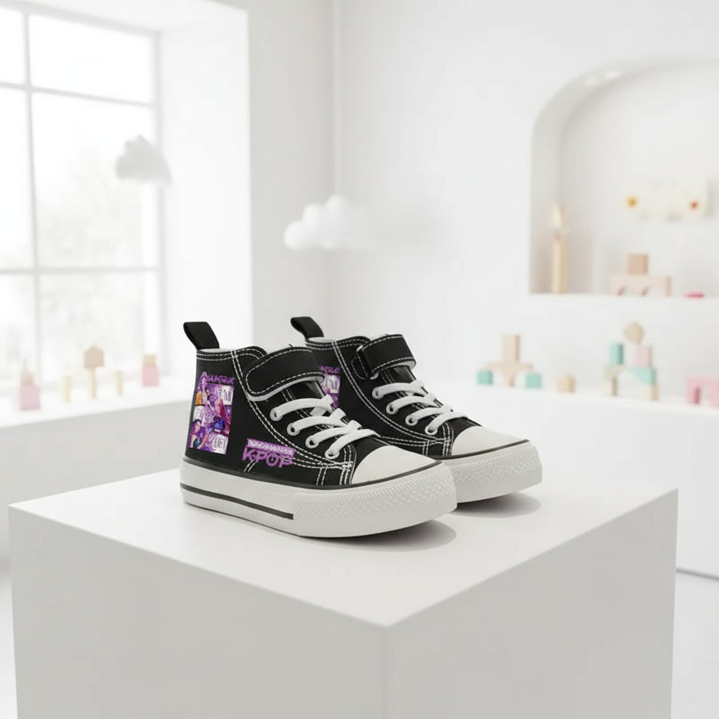 Black high-top canvas sneakers with KPop Demon Hunters characters