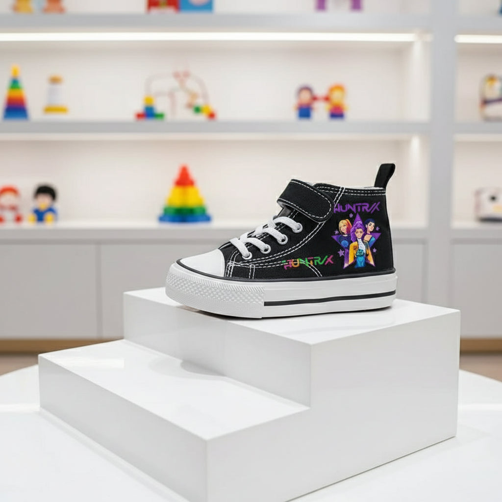 Black KPop Demon Hunters kids high-top sneakers on display