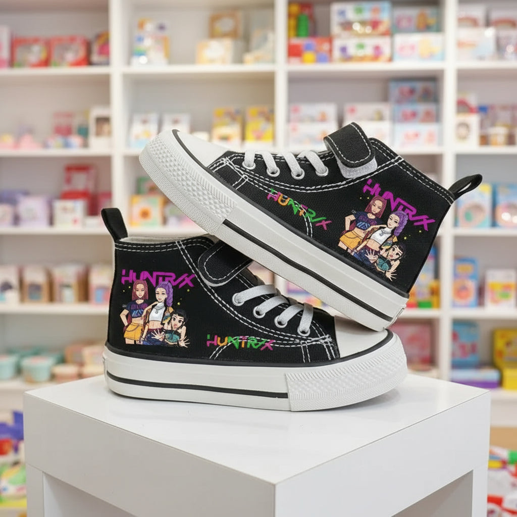 Black KPop Demon Hunters sneakers with colorful character artwork