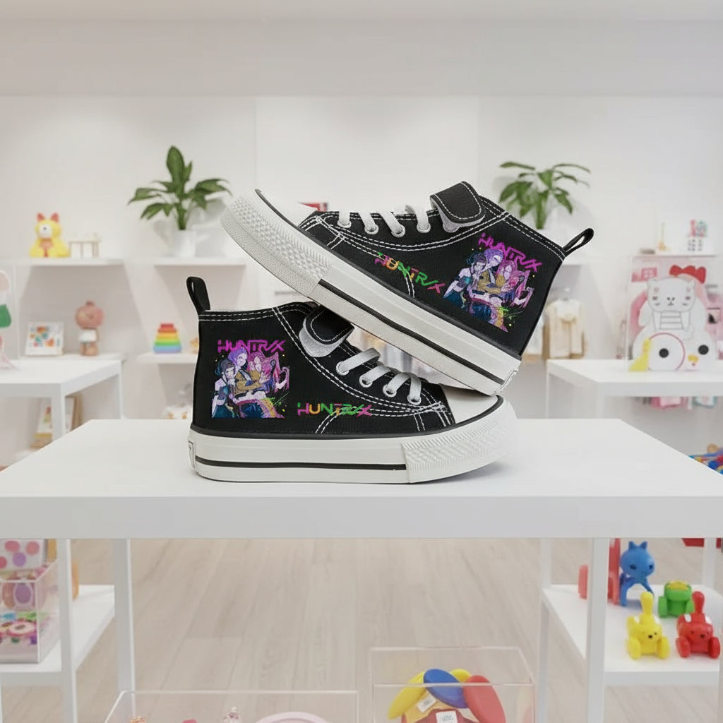 Pair of black KPop Demon Hunters kids sneakers, front and side view