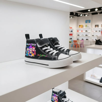 Black KPop Demon Hunters kids high-top sneakers with bright artwork