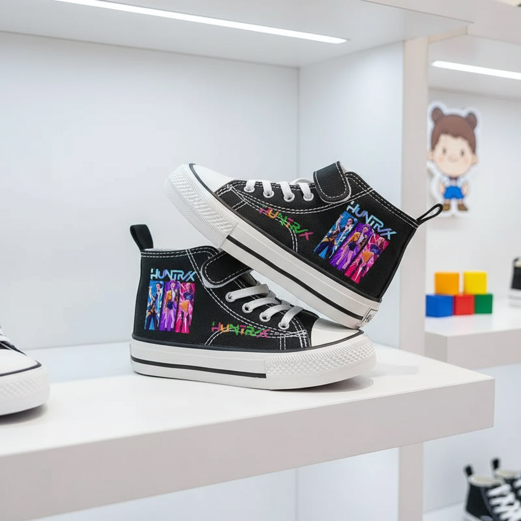 Black KPop Demon Hunters canvas sneakers with cushioned insole