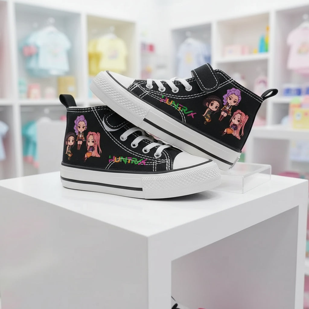 Pair of black KPop Demon Hunters high-top sneakers for kids, side view